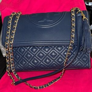 Tory Burch Fleming Navy Quilted Leather Shoulder Bag with Tassel